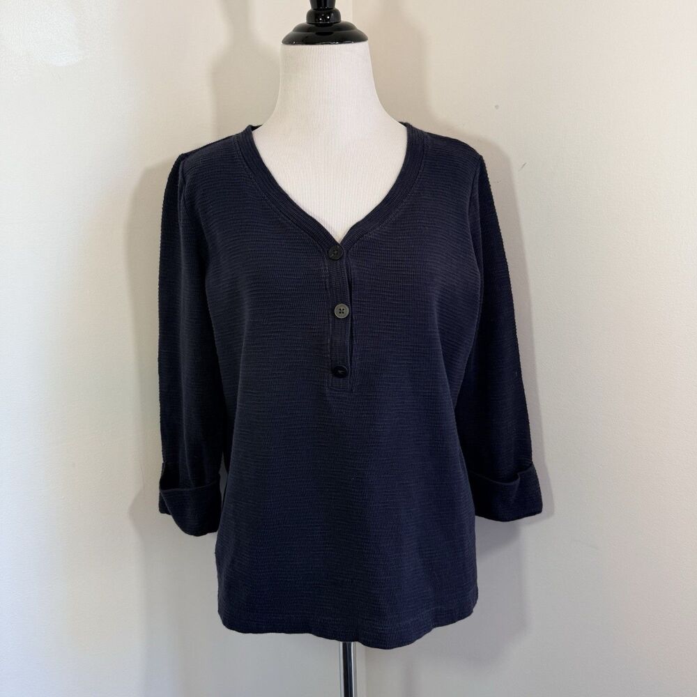 J. Jill Waffle Knit Henley Shirt Navy Blue 3/4 Sleeve Beach Coastal S